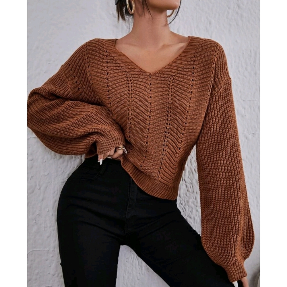 V Neck Bishop Sleeves Knit Sweater - Picture 2 of 6